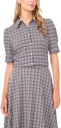 Vince Camuto Plaid Puff Sleeve Button-Up Top in Rich Black at Nordstrom, Size Xx-Small
