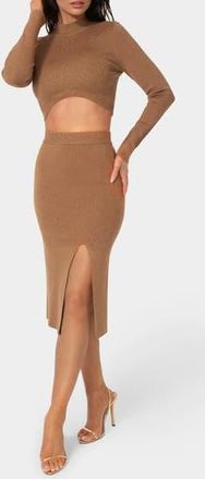 Bebe Lurex Rib Knit Long Sleeve Top & Skirt Set in Caramel at Nordstrom Rack, Size X-Small