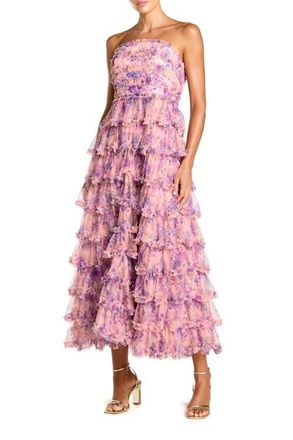 Mac Duggal Printed Mesh Strapless Ruffle A Line Midi Dress in Orchid Multi at Nordstrom, Size 10