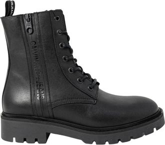Calvin Klein Jeans Zwarte Leren Lace Up Combat Boots - Dames - Veterlaarzen - Zwart - 36 EU - Leer - Schoenen