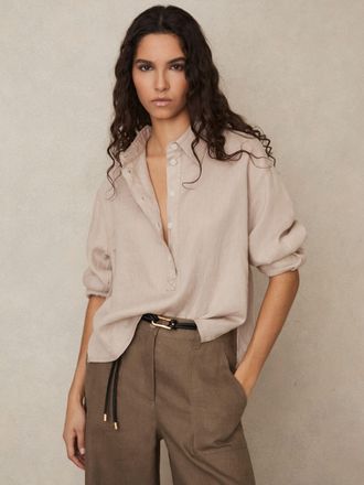 Reiss Neutral Linen Overhead Open-collar Shirt, 18