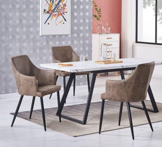 Life Interiors Life Interiors - Juego De Comedor Toga Lux Zarah: Mesa De Comedor Extensible Blanca Y Juego De 4 Sillas De Comedor De Cuero Marr&oacute;n Claro - Comedor Coc
