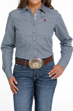 Cinch Western Print Long Sleeve Button Down Shirt In Dusty Blue/maroon