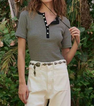 The Great. Baseline Henley Top In Black & Cream Stripe
