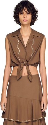 Sandro Rhinestone cropped shirt in Brown at Nordstrom, Size X-Large