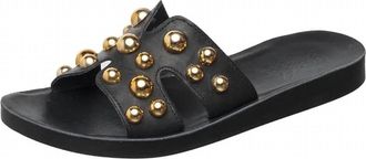 Antelope Womens Leather H-Strap Slide Sandals With Studs In Black + Gold