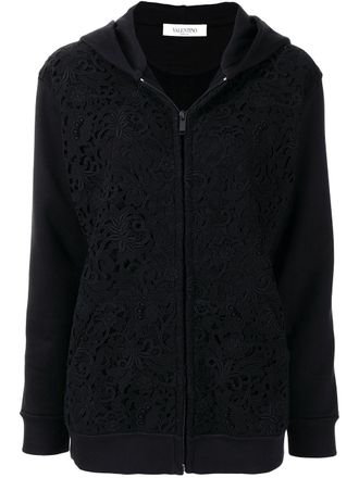 Valentino Garavani floral-embroidery logo-print zip-up hoodie - men - Cotton/Polyamide - S - Black