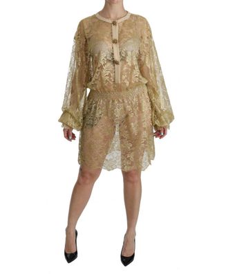 Dolce & Gabbana Womens Gold Lace See Through A-Line Knee Length Dress - Brown Cotton - Size Small