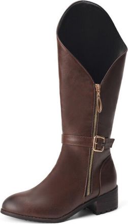 Generic Womens Round Toe Mid-Calf Boots PU Leather Knight Boots with Side Zipper Block Heel Long Boot with Buckle,Brown,9.5 UK