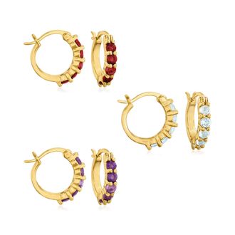 Ross-Simons Amethyst, Garnet and Blue Topaz Jewelry Set: 3 Pairs Of Huggie Hoop Earrings in 18kt Gold Over Sterling
