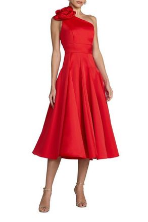 Mac Duggal One Shoulder Satin Midi Dress With 3D Flower in Red at Nordstrom, Size 10