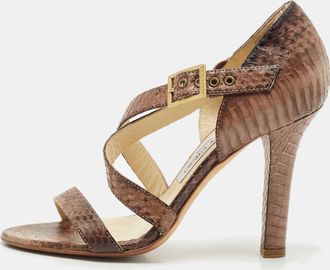 Jimmy Choo London Brown Watersnake Leather Cross Strap Sandals