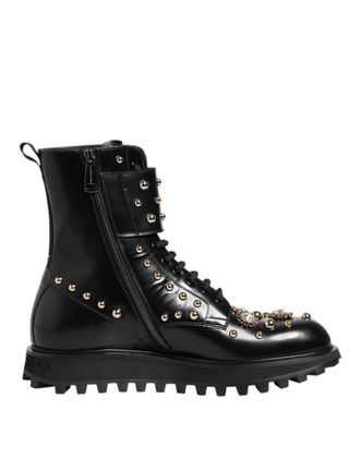 Dolce & Gabbana Black Studded Lace Up Mid Calf Boots Mens Shoes