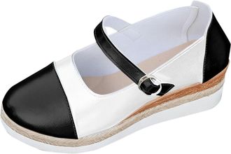 Generic Black Women Everyday Heels with Round Toe Colorblock Buckle Rope Thick Sole for Outdoor Indoor Wear