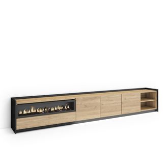 Skraut Home Skraut Home - Mueble Tv, Televisi&oacute;n, Muebles De Sal&oacute;n, Almacenaje, 310x37x50cm, Para Tv Hasta 80, Chimenea El&eacute;ctrica, Led, Estilo Moderno, Roble Y Neg