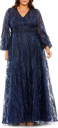 Mac Duggal V-Neck Puff Sleeve Embroidered A Line Gown in Midnight at Nordstrom, Size 16W