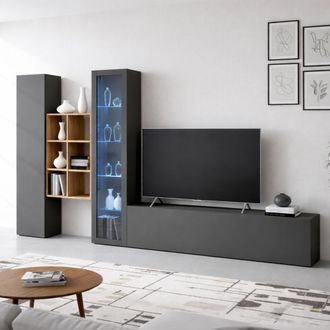 Dmora Dmora - Pared Equipada Dcragn, Conjunto De Sal&oacute;n Mueble De Tv Con 3 Puertas, Mueble De Sal&oacute;n Polivalente Con Vitrina Y Luz Led, 100% Made In Italy, Cm