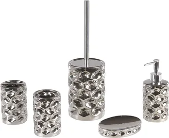 Beliani Beliani - Juego De Accesorios De Ba&ntilde;o Dispensador De Jab&oacute;n Glam De Cer&aacute;mica Plateado Escobilla De Inodoro Vasos