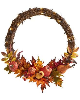 Nearly Natural 22In Pumpkin And Maple Artificial Autumn Wreath With 50 Warm White Led Lights