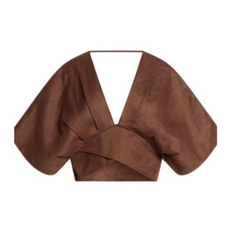 Weili Zheng Blouses, female, Brown, Size: M Crop Top with Petal Sleeves
