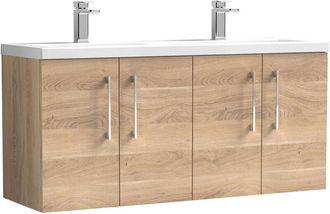 Nuie Nuie - Arno Bleached Oak Woodgrain 1200mm Wall Hung 4 Door Vanity Unit and Double Ceramic Basins - ARN3023F