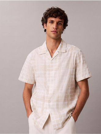 Calvin Klein Mens Linen Blend Plaid Relaxed Button-Down Shirt - Ivory - L