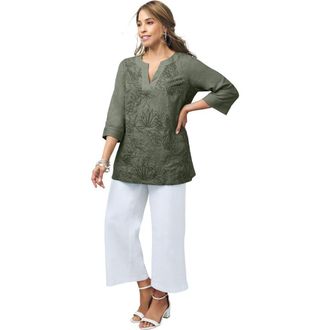 Jessica London Linen V-Neck Embroidered Tunic in Olive Green Leaf Embroidery at Nordstrom, Size 18