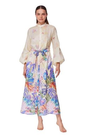 Gottex Cherry Blossom Belted Button Up Linen Dress Cover-Up in Blossom-Multi at Nordstrom, Size Medium