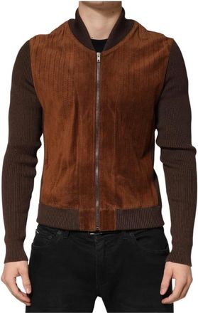Dolce & Gabbana Bomber Jackets, male, Brown, Size: L Velvet Calfskin Full Zip Biker Jacket