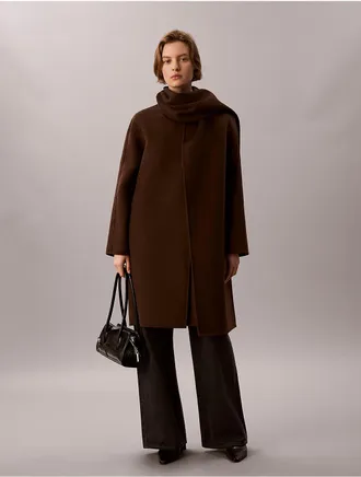Calvin Klein Womens Wool Blend Scarf Coat - Brown - XL