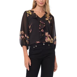 Vince Camuto Placed Floral Ruffle Detail Top in Rich Black at Nordstrom, Size Large