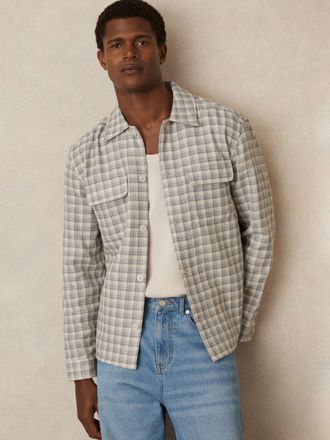 Reiss Light Grey Woven Check Twin Pocket Overshirt, XL