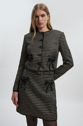 Karen Millen Womens Tailored Tweed Bow Detail Collarless Jacket - Black - Size 12 UK