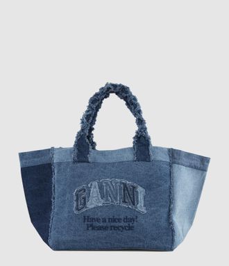 Ganni Tote Bag Xxl Trapeze Shopper Denim Dark Blue Vintage