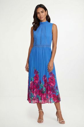 Wallis Womens Petite Floral Lace Insert Pleated Midi Dress - Blue Cotton - Size 16 UK