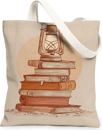 Generic Vintage Rustic Canvas Tote Bags, Stack of Books Lantern Design Reusable Grocery Bags, Lightweight Washable Shoulder Strap C, Beige, 13x15 Inch