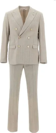 Manuel Ritz Kostuums, Heren, Beige, L, Wol, Cool Wool Double Breasted Pinstripe Suit