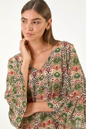 Roman Ikat Print Flare Sleeve Top