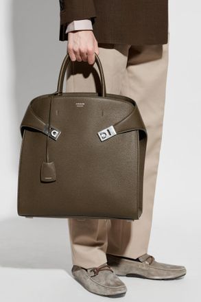 Ferragamo Leather Handbag Hug, Mens, Green