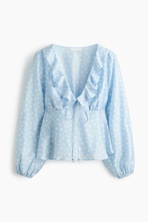 H&M Flounce-trimmed Blouse in Light Blue/polka Dot at Nordstrom, Size Xx-Large