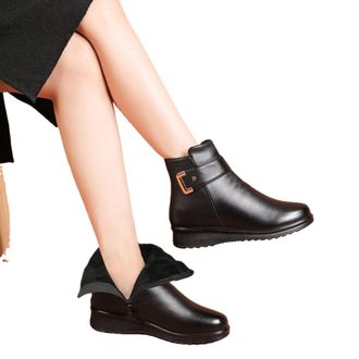 Generic Womens Metal Buckle Leather Wool Orthopedic Boots, Winter Warm Non-Slip Thickened Wool Lining Snow Boots For Women With Zipper (BLACK 1,3.5)