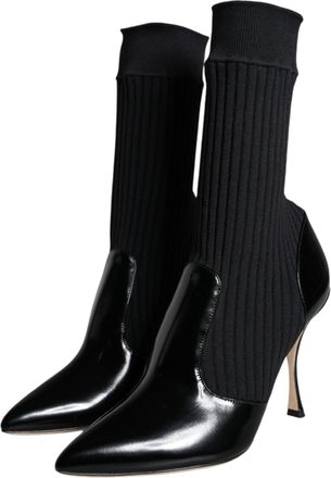 Dolce & Gabbana Womens Black Stretch Stilettos Booties Socks Shoes Nylon Calf Leather Elastane