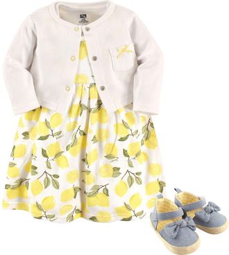 Hudson Baby Cotton Dress, Cardigan and Shoe Set in Lemon at Nordstrom, Size 12-18M