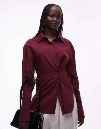 Lioness Sydney - Camicia con colletto e bottoni multiposizione stretta in vita bordeaux in coordinato-Rosso