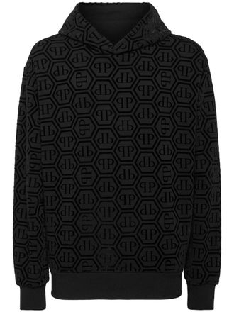 Philipp Plein logo-flocked long-sleeve hoodie - men - Polyester/Cotton - M - Black