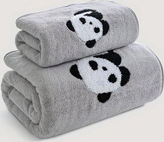 No Brand Juego De Toallas De Ba&ntilde;o Y De Cara Con Estampado De Panda, Suaves Y Absorbentes, De 2 Piezas - Adultos - Material De Vell&oacute;n Coral - Ideal Para Lavarse