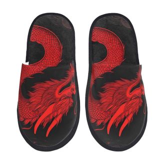 Generic Red Dragon On Black Women Men House Slippers Cosy Sliders Fluffy Shoes For Bedroom Winter Outdoor M