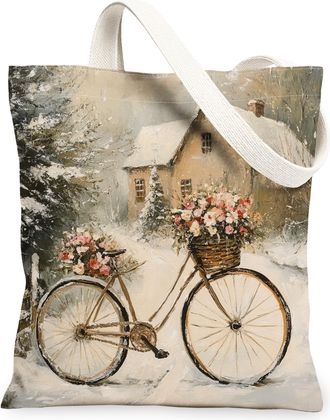 Generic Winter Floral Canvas Tote Bags, Bike Flower Pattern Reusable Grocery Bags, Vintage Lightweight Washable Shoulder Strap Canvas for Travel Picnic 13x15 