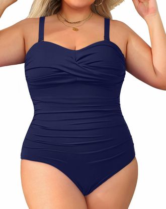 Holipick Plus Size One Piece Swimsuit Tummy Control Strapless Bathing Suits Bandeau Slimming Ruched Twist Front Swimwear, Navy Blue, 22 Plus
