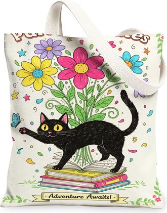 Generic Fanciful Cat Floral Canvas Tote Bags, Colorful Flower Pattern Reusable Grocery Bags, Vintage Lightweight Washable Shoulder, White, 13x15 Inch